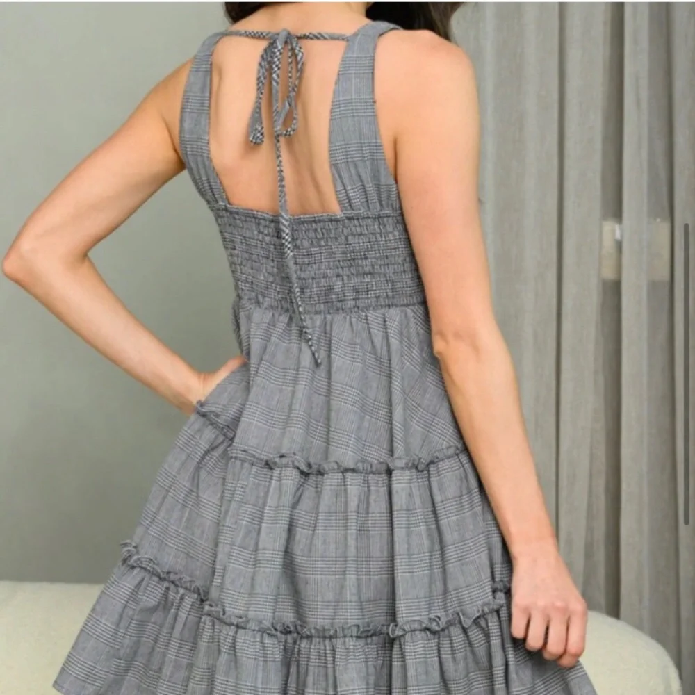High quality women’s cotton blend mini houndstooth plaid dress - Picture 3 of 3
